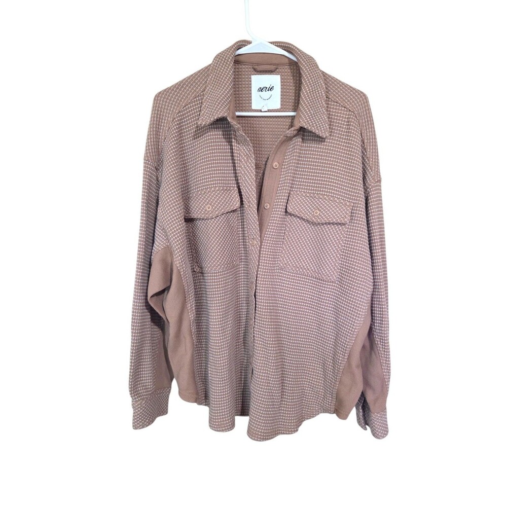Aerie LumberJane Waffle Shirt Oversized Button Up Brown Tan Womens size Medium
